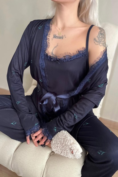 Lacivert Leaf Desenli Sabahlıklı Pegasus Pijama Takımı - 5