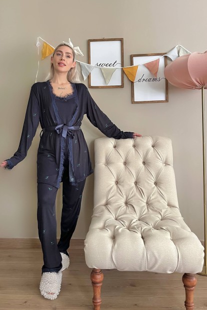 Lacivert Leaf Desenli Sabahlıklı Pegasus Pijama Takımı - 6