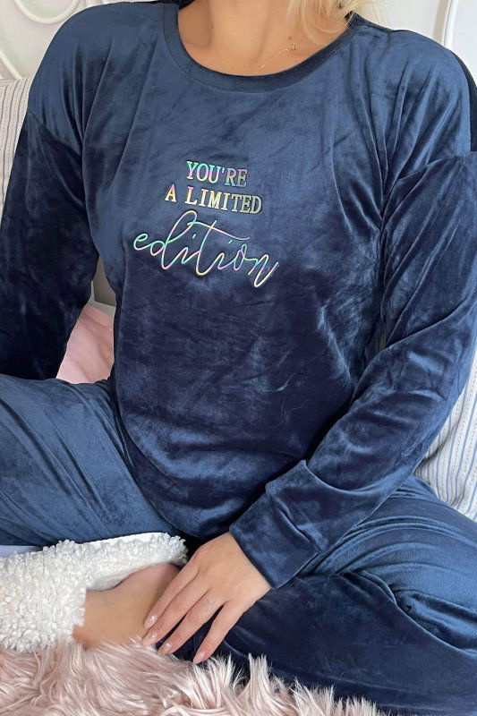 Lacivert Limited Desenli Exclusive Kadife Kadın Pijama Takımı  - Pijamaevi (3)