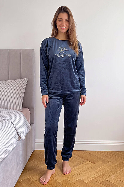 Lacivert Limited Desenli Exclusive Kadife Kadın Pijama Takımı  - 6