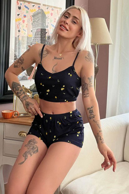 Lacivert Limon Desenli Şortlu Crop Bustiyer Pijama Takım - 1