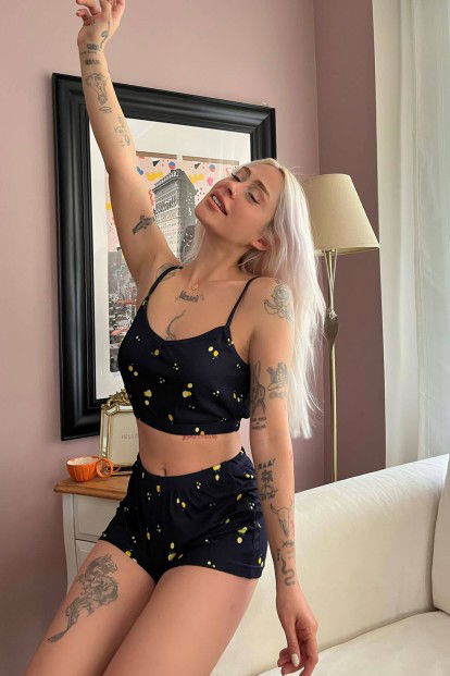 Lacivert Limon Desenli Şortlu Crop Bustiyer Pijama Takım - 2