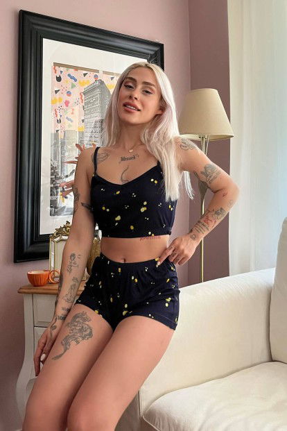 Lacivert Limon Desenli Şortlu Crop Bustiyer Pijama Takım - 3