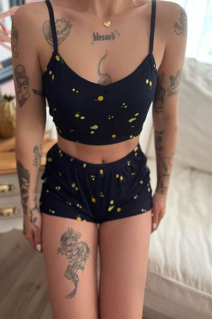 Lacivert Limon Desenli Şortlu Crop Bustiyer Pijama Takım - 4