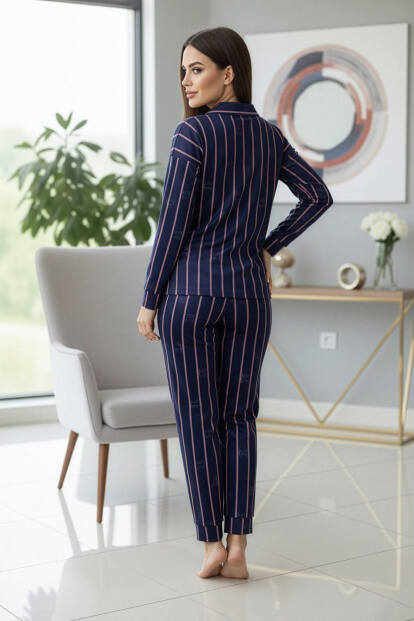 Lacivert Lineo Desenli Exclusive Önden Düğmeli Kadife Kadın Pijama Takımı - 6