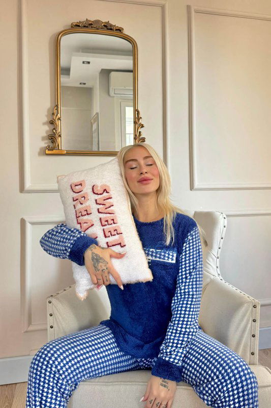 Lacivert Live Desenli Kadın Peluş Pijama Takımı - Pijamaevi (3)