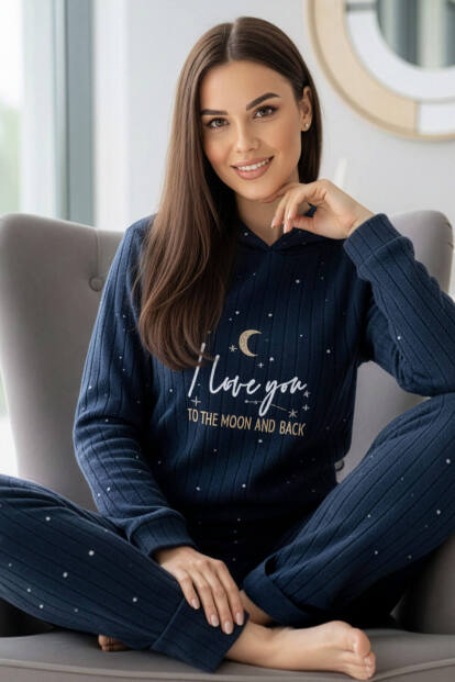 Lacivert Love Desenli Kapşonlu Peluş Polar Pijama Takımı - 1