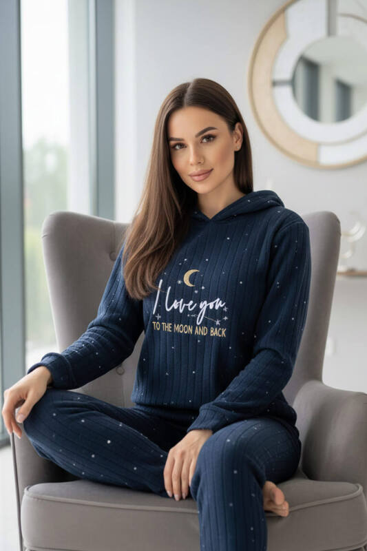 Lacivert Love Desenli Kapşonlu Peluş Polar Pijama Takımı - Pijamaevi (1)
