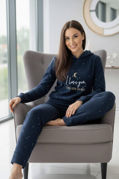 Lacivert Love Desenli Kapşonlu Peluş Polar Pijama Takımı - 3