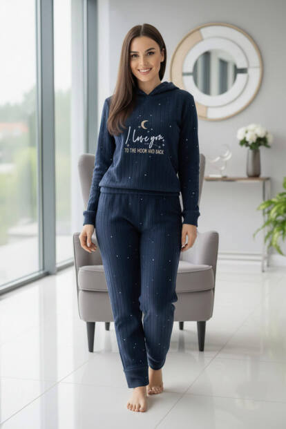 Lacivert Love Desenli Kapşonlu Peluş Polar Pijama Takımı - 4