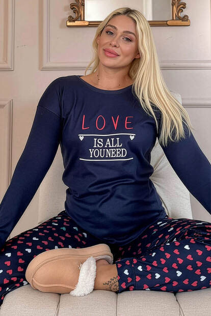 Lacivert Love Desenli Termal Kadın Pijama Takımı 