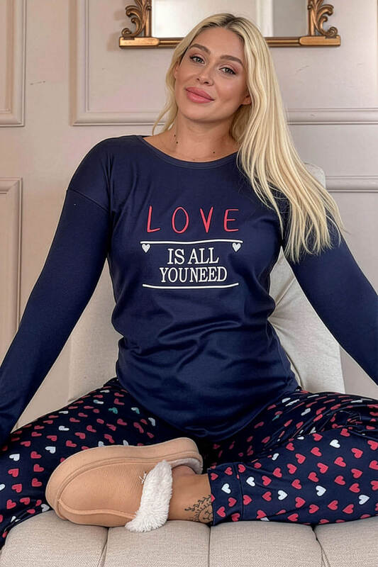 Lacivert Love Desenli Termal Kadın Pijama Takımı - Pijamaevi