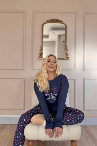 Lacivert Love Desenli Termal Kadın Pijama Takımı - 2