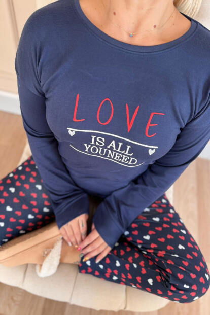 Lacivert Love Desenli Termal Kadın Pijama Takımı - 4