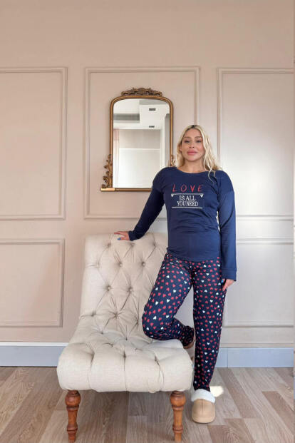 Lacivert Love Desenli Termal Kadın Pijama Takımı - 5