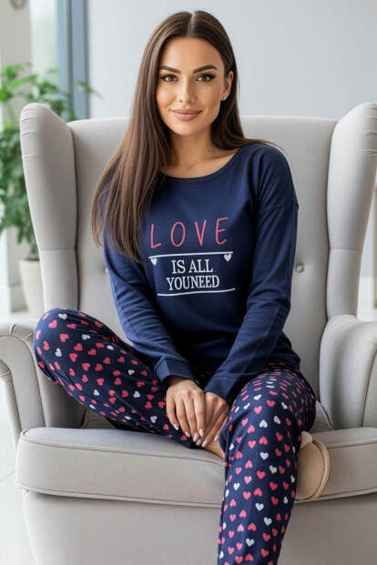 Lacivert Love Desenli Termal Kadın Pijama Takımı 