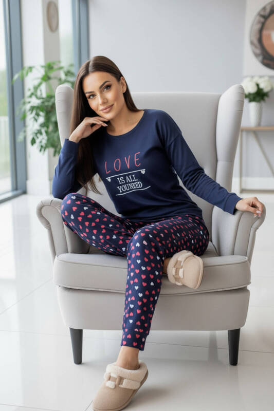 Lacivert Love Desenli Termal Kadın Pijama Takımı - Pijamaevi (3)