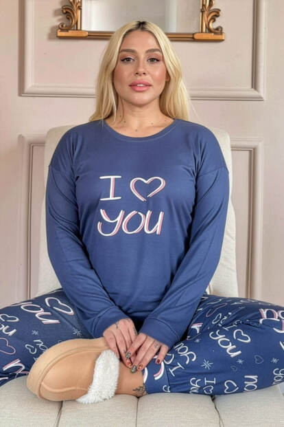 Lacivert Love You Desenli Termal Kadın Pijama Takımı 