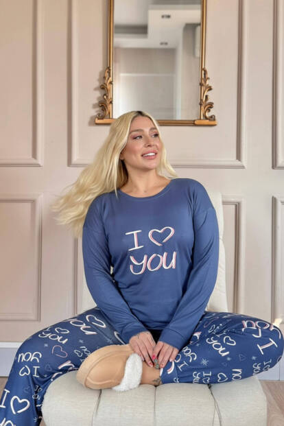 Lacivert Love You Desenli Termal Kadın Pijama Takımı - 2