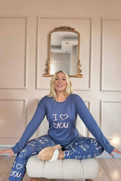 Lacivert Love You Desenli Termal Kadın Pijama Takımı - 3