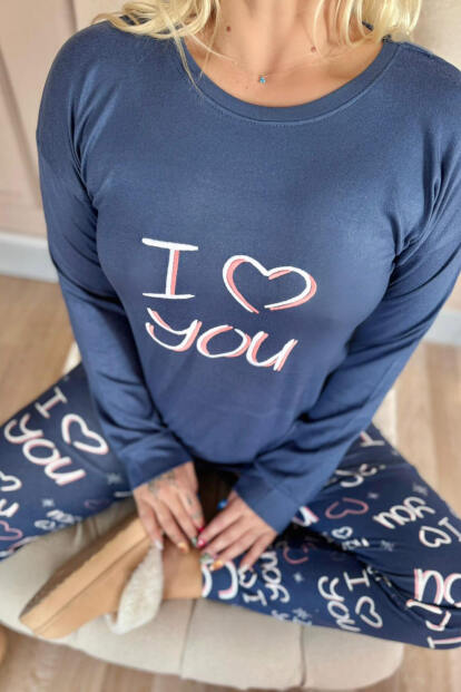 Lacivert Love You Desenli Termal Kadın Pijama Takımı - 4