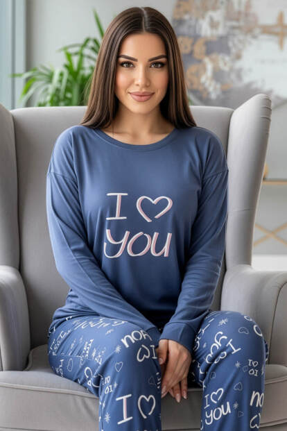 Lacivert Love You Desenli Termal Kadın Pijama Takımı 