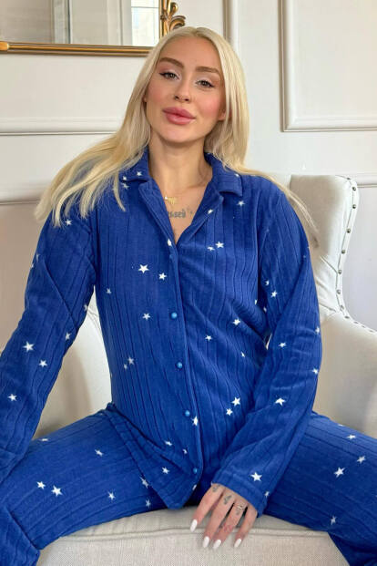 Lacivert Lune Desenli Önden Düğmeli Peluş Polar Pijama Takımı - 7