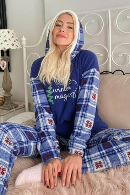 Lacivert Magic Desenli Kapşonlu Peluş Polar Pijama Takımı - 1