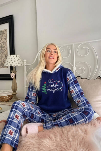 Lacivert Magic Desenli Kapşonlu Peluş Polar Pijama Takımı - 2