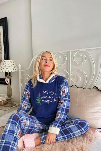Lacivert Magic Desenli Kapşonlu Peluş Polar Pijama Takımı - 3