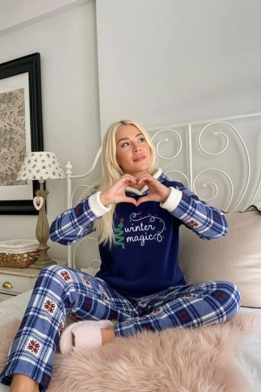 Lacivert Magic Desenli Kapşonlu Peluş Polar Pijama Takımı - Pijamaevi (3)