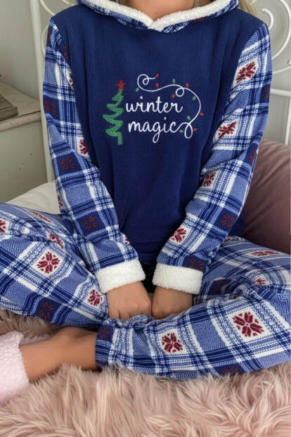 Lacivert Magic Desenli Kapşonlu Peluş Polar Pijama Takımı - 5