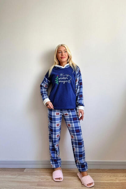 Lacivert Magic Desenli Kapşonlu Peluş Polar Pijama Takımı - 6