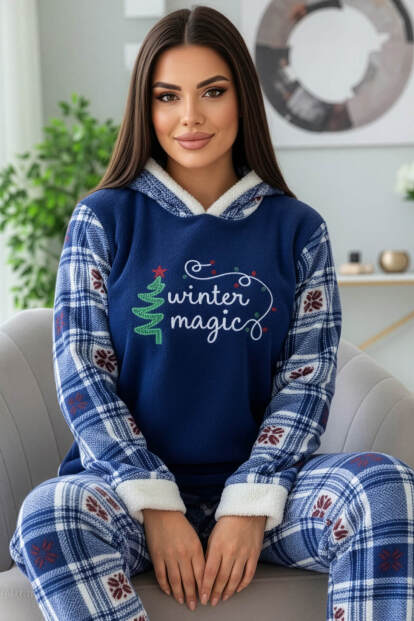 Lacivert Magic Desenli Kapşonlu Peluş Polar Pijama Takımı - 1