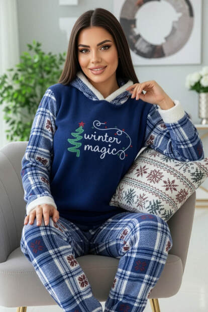 Lacivert Magic Desenli Kapşonlu Peluş Polar Pijama Takımı - 2