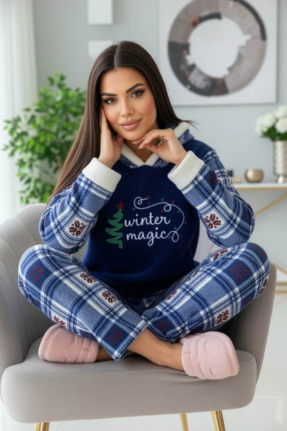 Lacivert Magic Desenli Kapşonlu Peluş Polar Pijama Takımı - 3