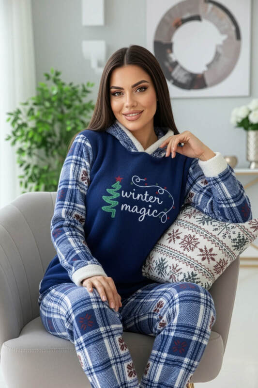 Lacivert Magic Desenli Kapşonlu Peluş Polar Pijama Takımı - Pijamaevi (3)