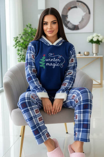 Lacivert Magic Desenli Kapşonlu Peluş Polar Pijama Takımı - 5