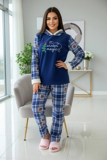 Lacivert Magic Desenli Kapşonlu Peluş Polar Pijama Takımı - 6