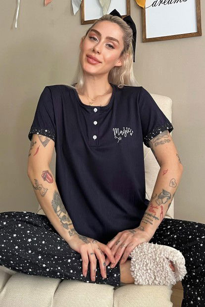 Lacivert Magic Nakışlı Kısa Kollu Örme Kadın Pijama Takımı - 1