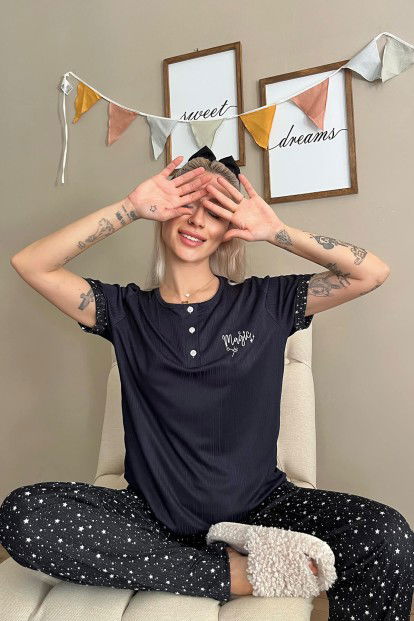 Lacivert Magic Nakışlı Kısa Kollu Örme Kadın Pijama Takımı - 2