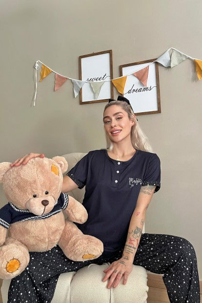 Lacivert Magic Nakışlı Kısa Kollu Örme Kadın Pijama Takımı - 3