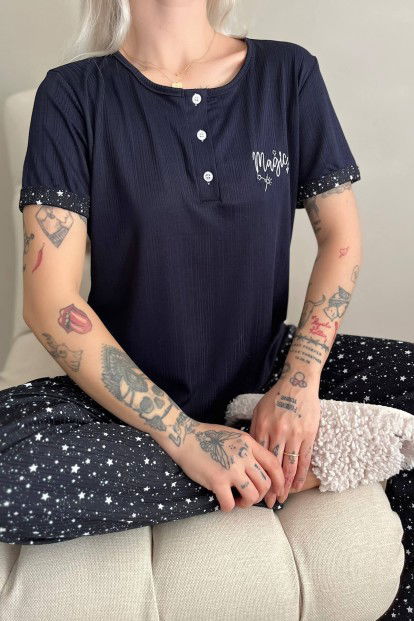 Lacivert Magic Nakışlı Kısa Kollu Örme Kadın Pijama Takımı - 5