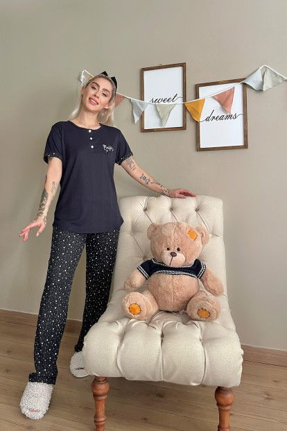 Lacivert Magic Nakışlı Kısa Kollu Örme Kadın Pijama Takımı - 6
