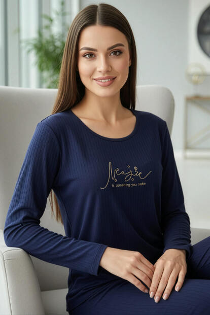 Lacivert MagicDesenli Uzun Kollu Dublin Örme Kadın Pijama Takımı 