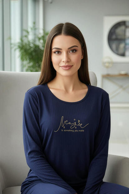 Lacivert MagicDesenli Uzun Kollu Dublin Örme Kadın Pijama Takımı - 2