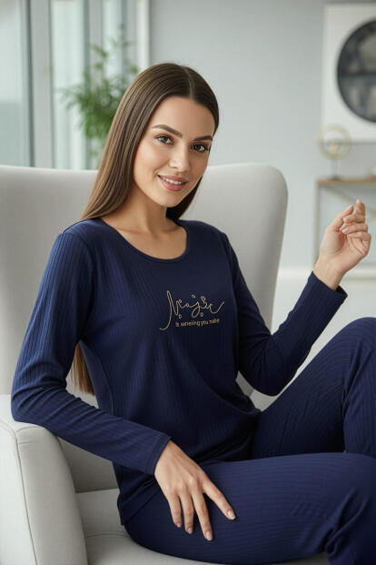 Lacivert MagicDesenli Uzun Kollu Dublin Örme Kadın Pijama Takımı - 3