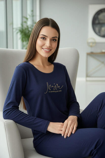 Lacivert MagicDesenli Uzun Kollu Dublin Örme Kadın Pijama Takımı - 4