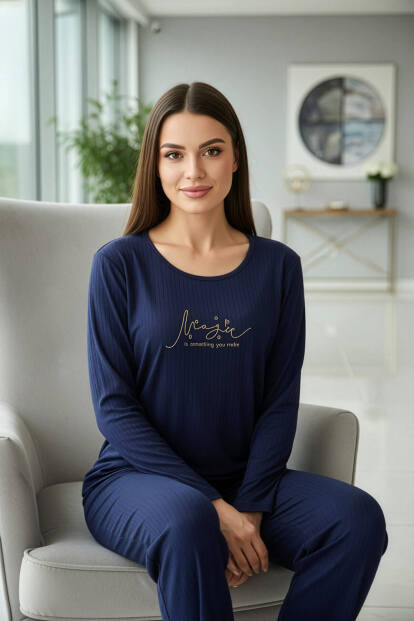 Lacivert MagicDesenli Uzun Kollu Dublin Örme Kadın Pijama Takımı - 5