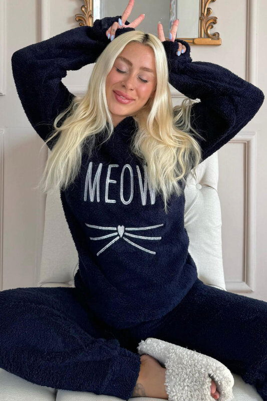 Lacivert Meow Desenli Tam Peluş Pijama Takımı - Pijamaevi
